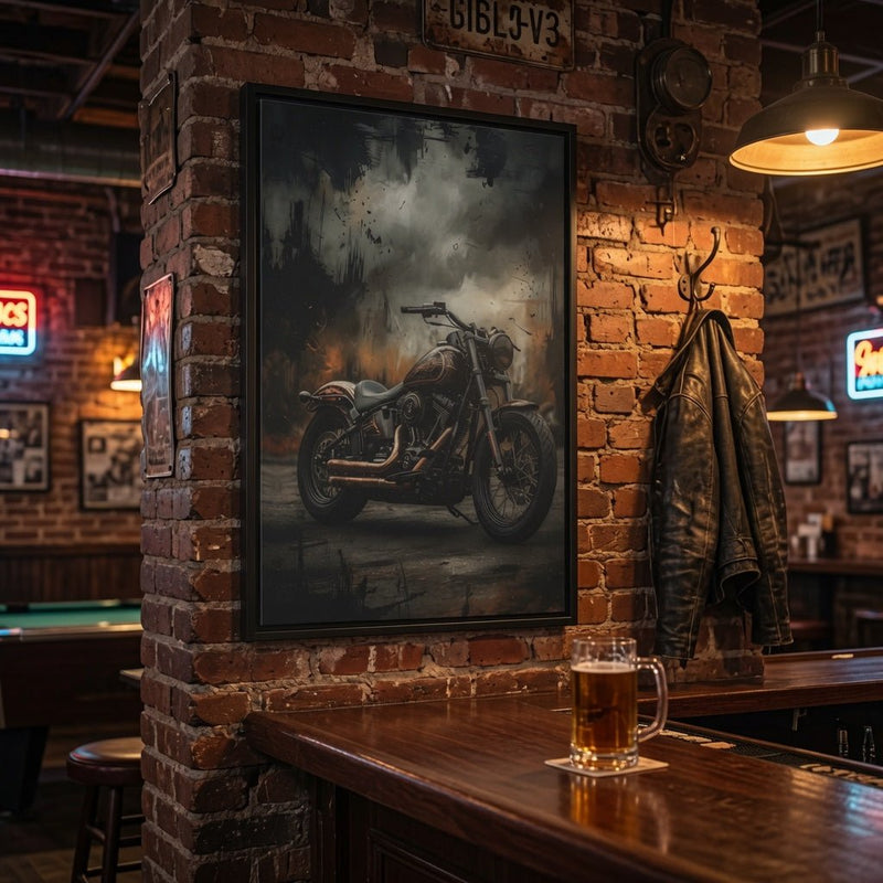 Framed matte canvas wall art with vintage motorcycle illustration, black frame