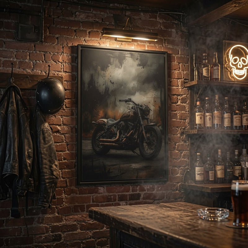 Framed matte canvas wall art of a vintage motorcycle print, black frame