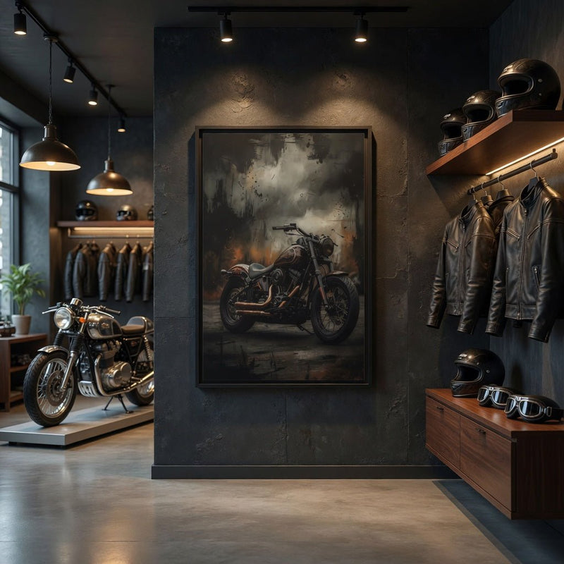 Black framed matte canvas wall art with vintage motorcycle illustration.