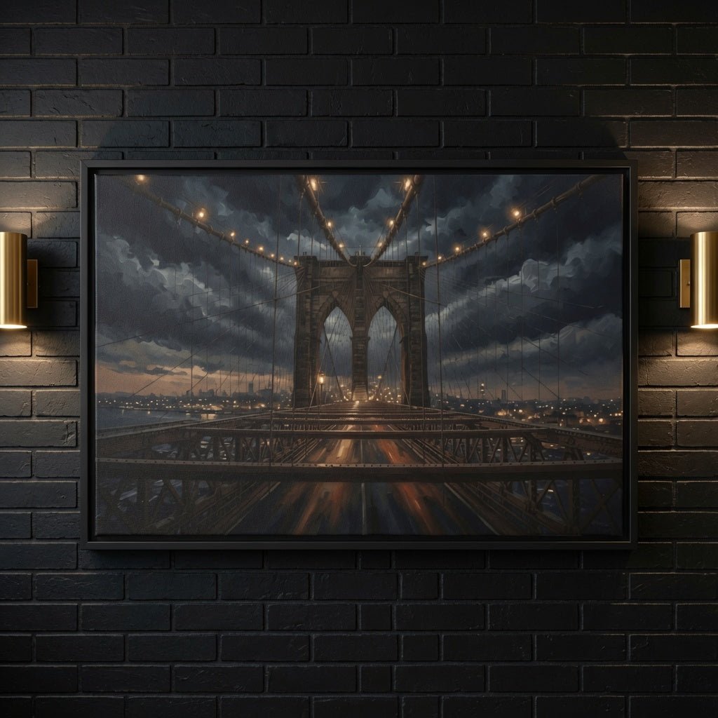 Black framed canvas of Brooklyn Bridge at dusk with layered clouds and glowing cables.