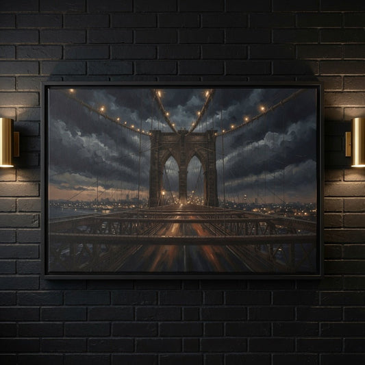 Black framed canvas of Brooklyn Bridge at dusk with layered clouds and glowing cables.