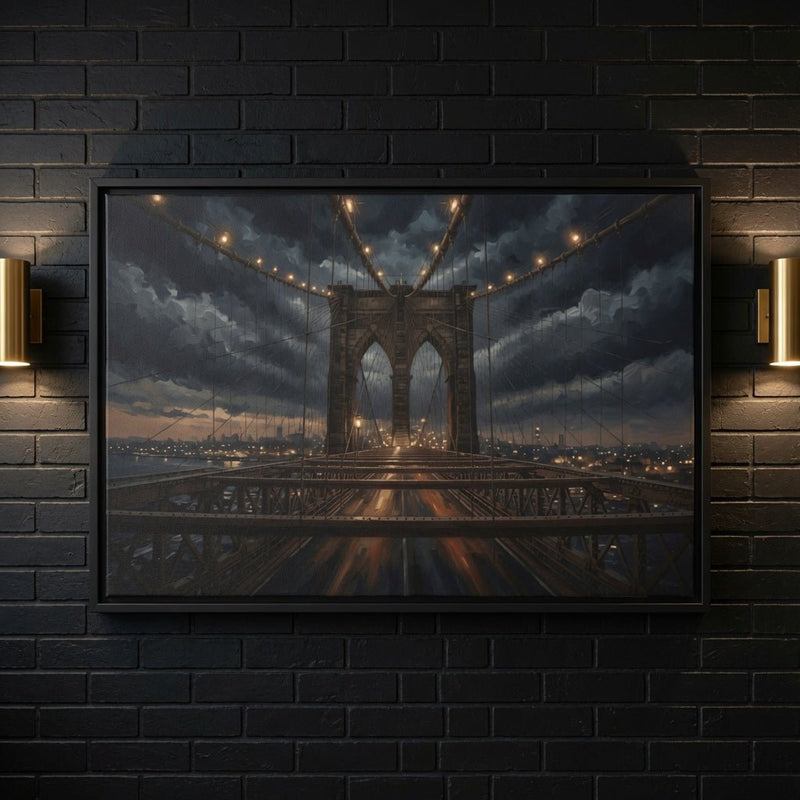 Black framed canvas of Brooklyn Bridge at dusk with layered clouds and glowing cables.