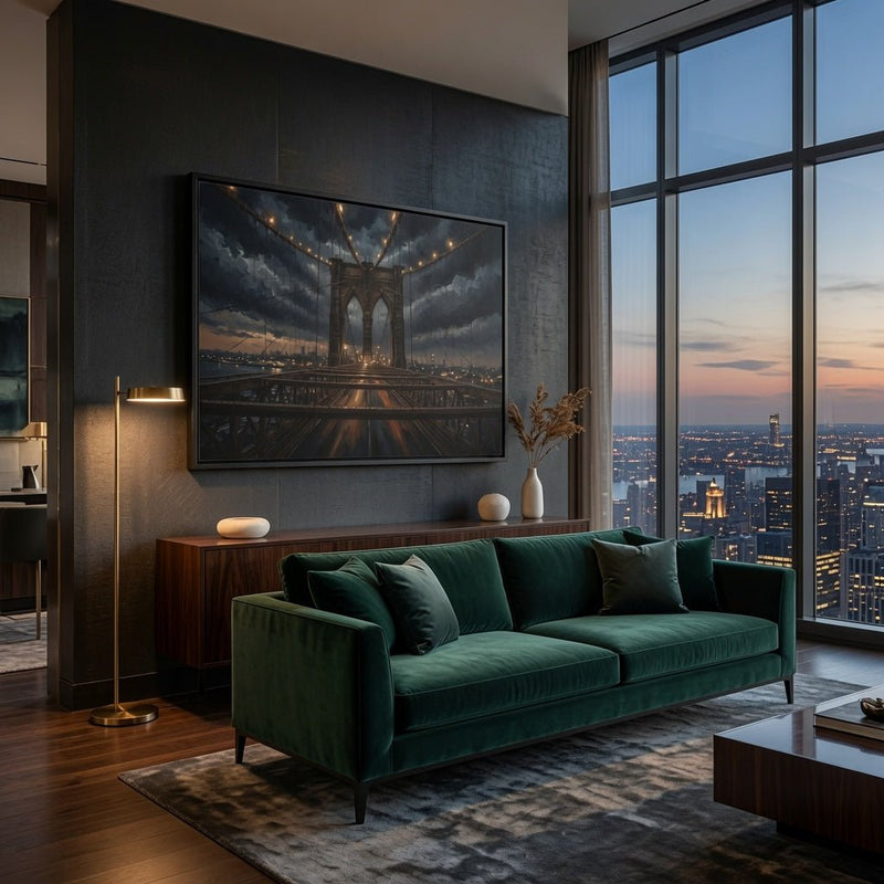 Black framed matte canvas featuring Brooklyn Bridge at dusk with warm horizon and lights.