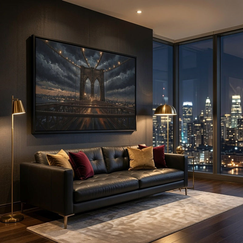 Black framed canvas showing Brooklyn Bridge at dusk with city skyline lights below.
