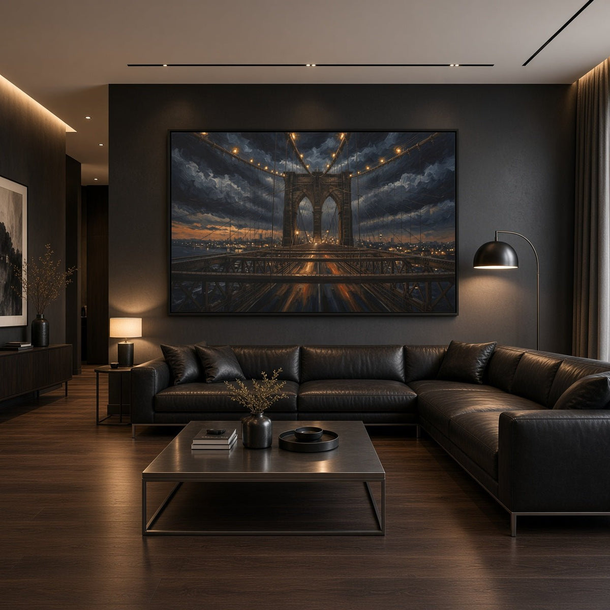 Framed canvas wall art depicting a glowing arch bridge at night with city lights