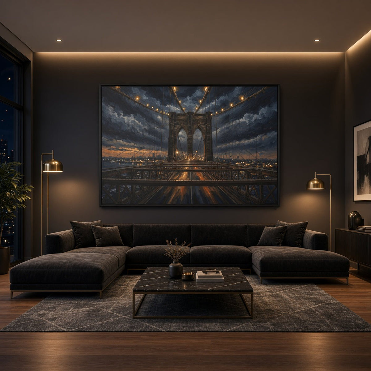 Framed canvas wall art centered on a bridge at dusk with string-style lights