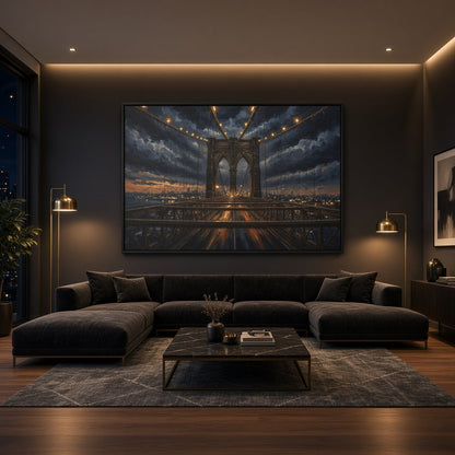 Framed canvas wall art centered on a bridge at dusk with string-style lights