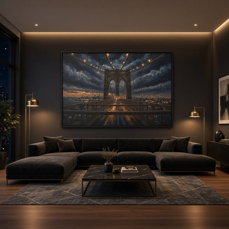 Framed canvas wall art centered on a bridge at dusk with string-style lights