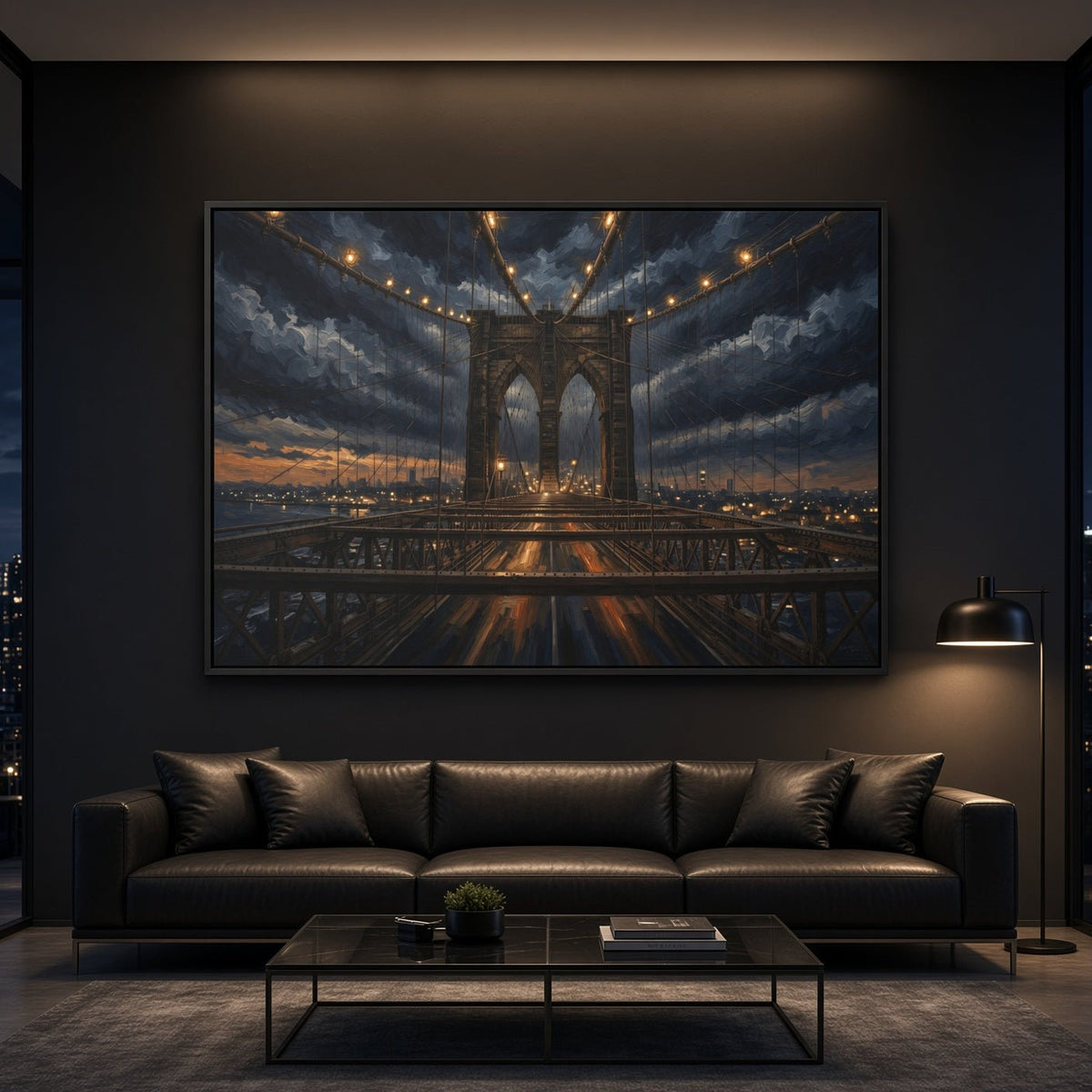 Framed canvas wall art with an illuminated bridge at night, framed in black