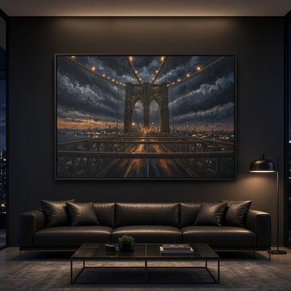 Framed canvas wall art with an illuminated bridge at night, framed in black