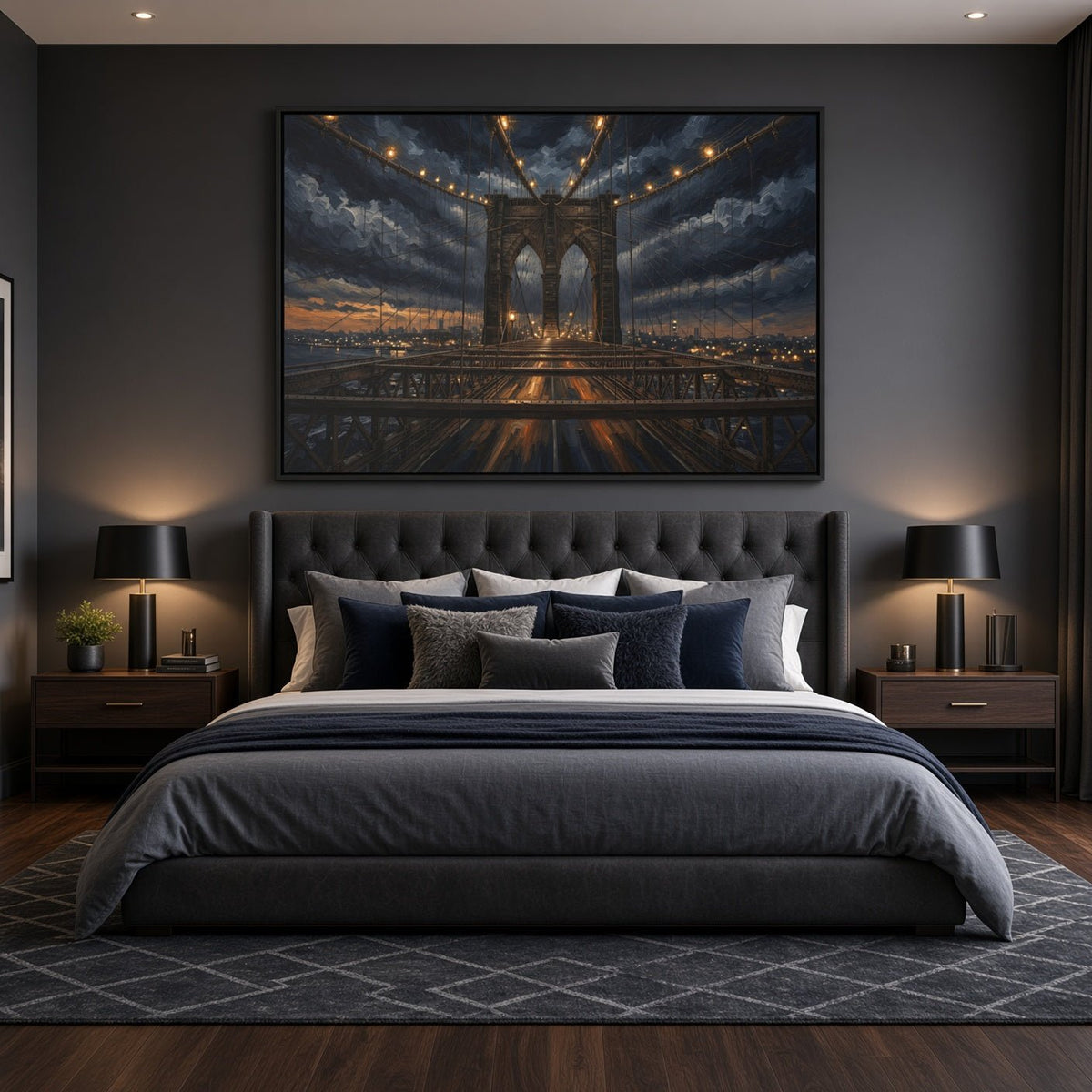 Framed canvas wall art featuring an arch bridge scene with dusk clouds and light trails