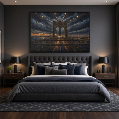 Framed canvas wall art featuring an arch bridge scene with dusk clouds and light trails