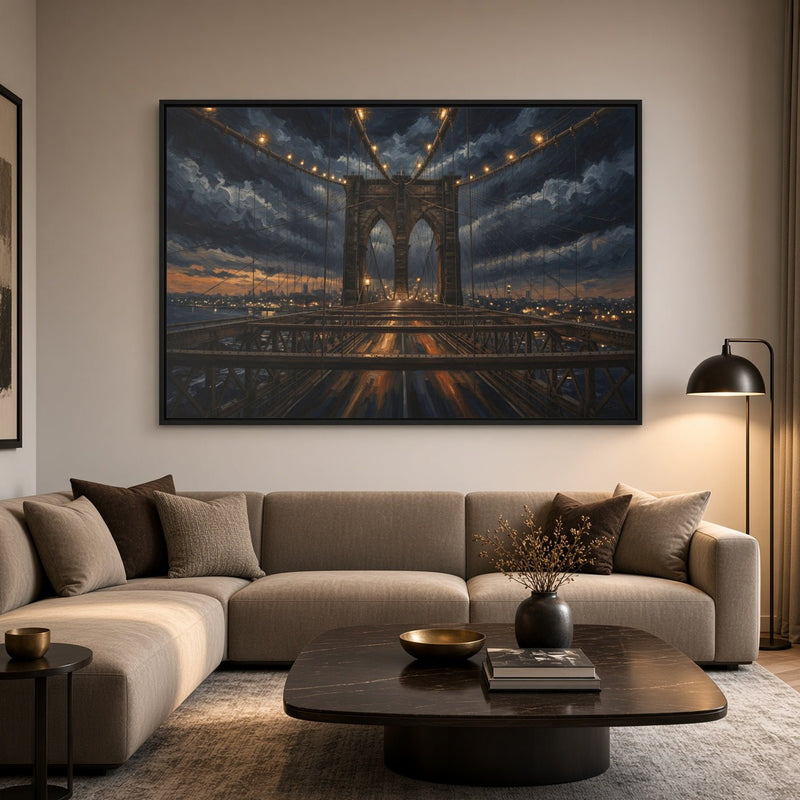 Black framed canvas wall art of a bridge at dusk with warm lights and clouds