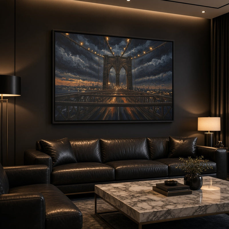Black framed canvas wall art featuring a night bridge scene with glowing lights