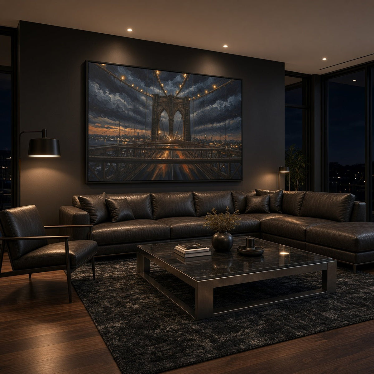 Framed canvas wall art showing a night bridge view with warm lights and evening sky