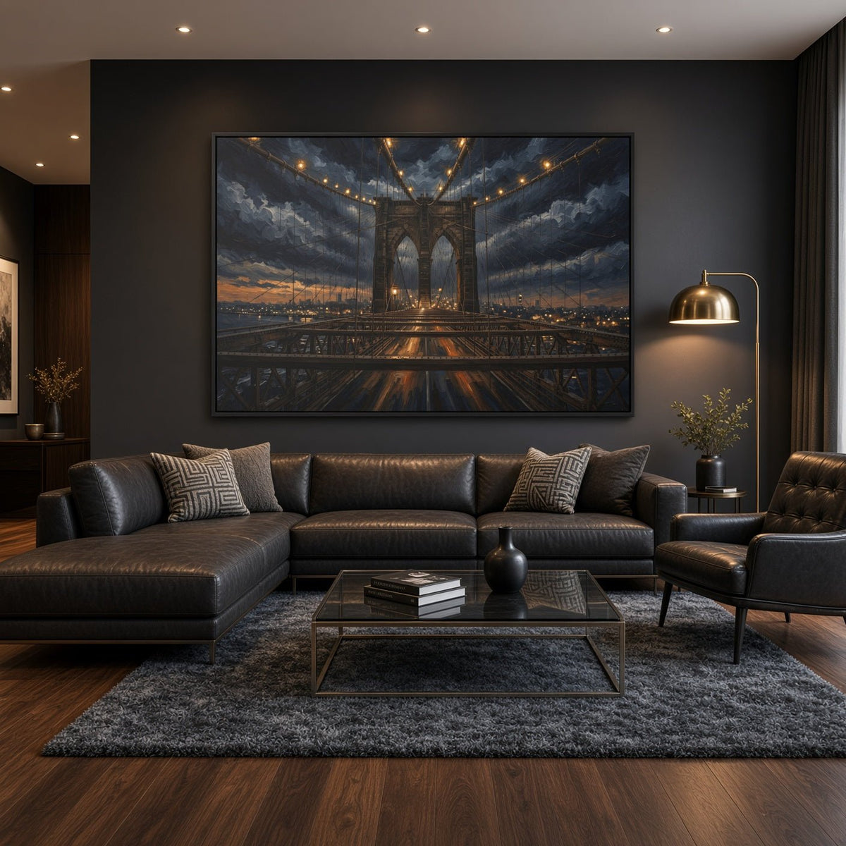 Black framed canvas wall art of a nighttime bridge scene in a living room setting
