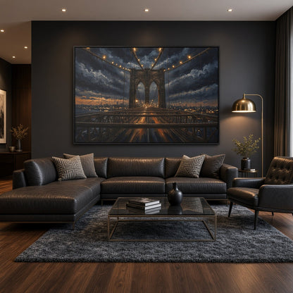 Black framed canvas wall art of a nighttime bridge scene in a living room setting