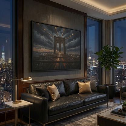 Black framed canvas wall art with a dusk bridge under cloudy lights