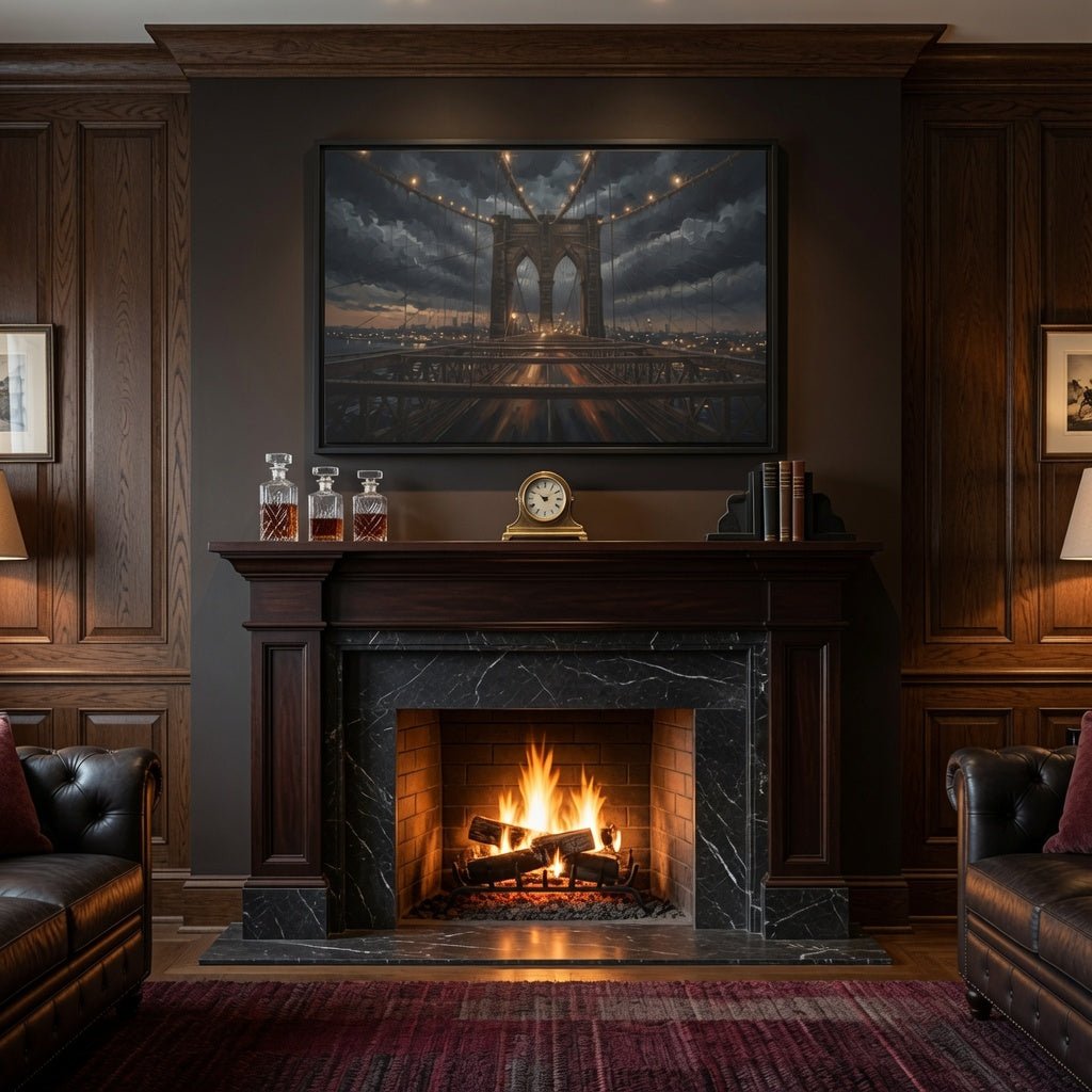 Black framed canvas wall art with dusk bridge scene above a fireplace