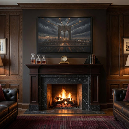Black framed canvas wall art with dusk bridge scene above a fireplace