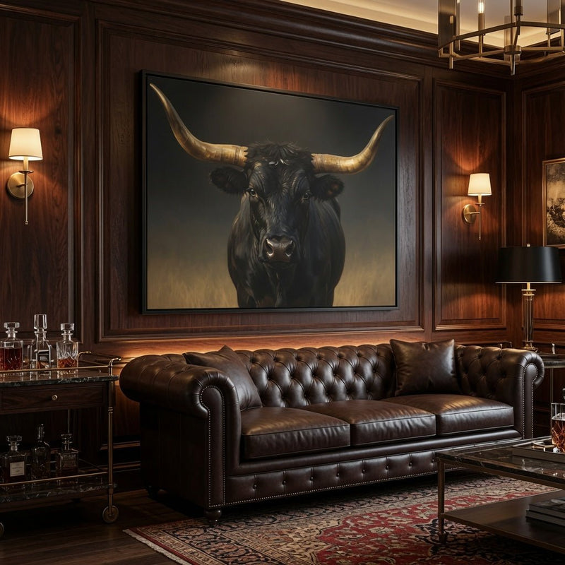 Black longhorn bull portrait on framed matte canvas wall art with wide horns