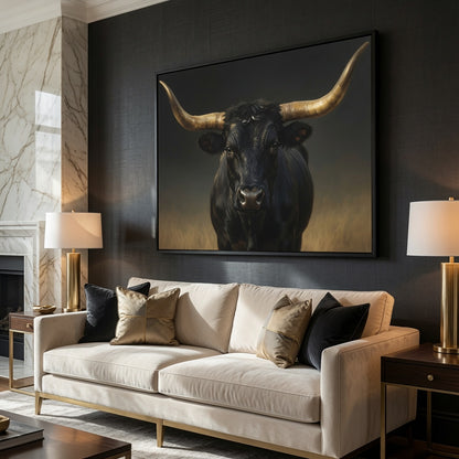 Majestic Black Longhorn Bull Wall Art : Framed Matte Canvas: