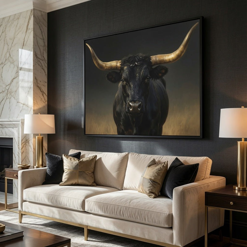 Framed longhorn bull wall art, dark bull head with gold horns on matte canvas