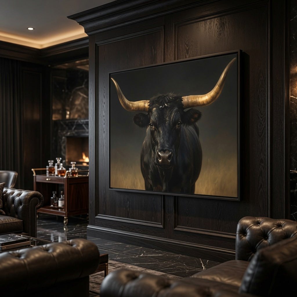 Majestic Black Longhorn Bull Wall Art : Framed Matte Canvas: