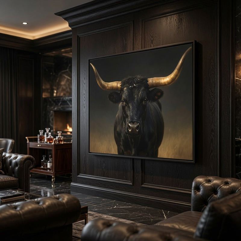 Framed bull wall art with gold horns, dark longhorn portrait on matte black canvas