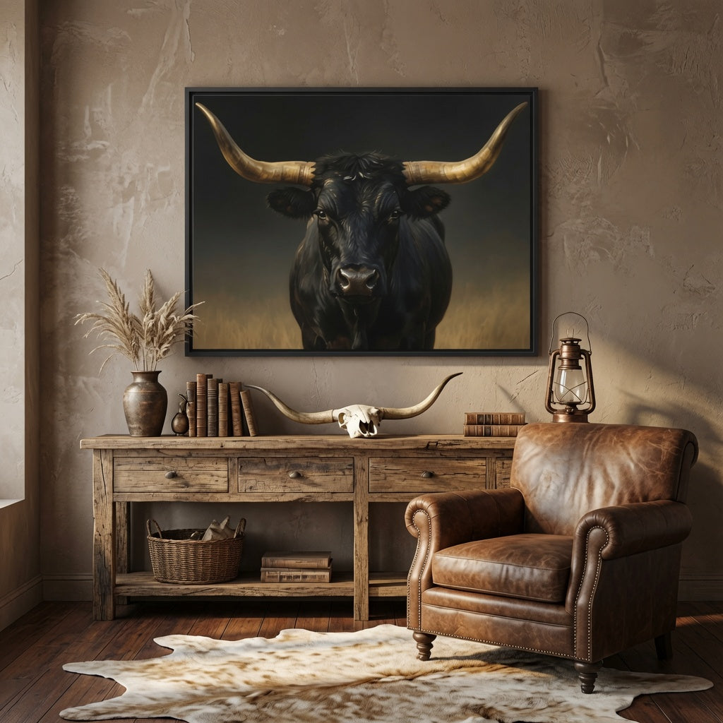 Majestic Black Longhorn Bull Wall Art : Framed Matte Canvas: