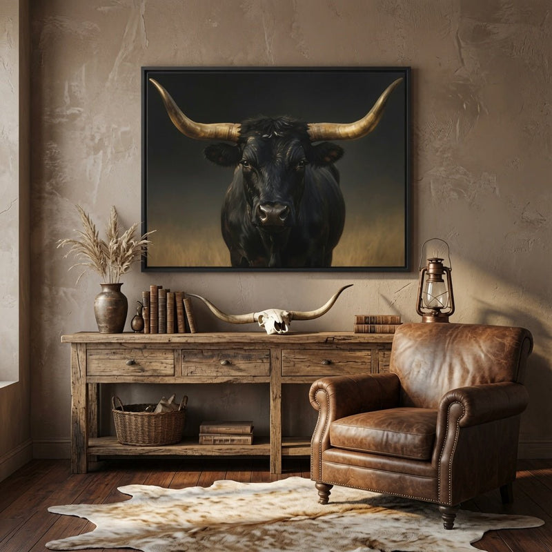 Framed longhorn bull wall art, dark bull head with gold horns on matte canvas