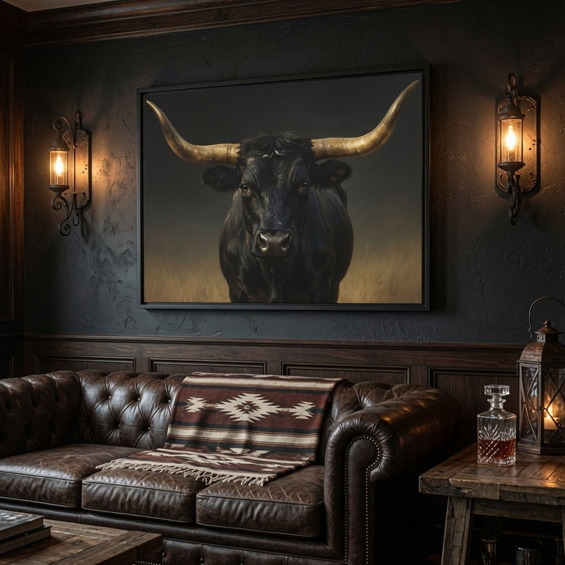 Framed longhorn bull wall art, dark bull portrait with gold horns on matte canvas