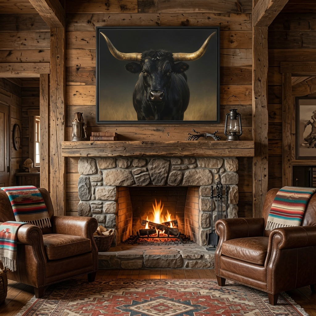 Majestic Black Longhorn Bull Wall Art : Framed Matte Canvas: