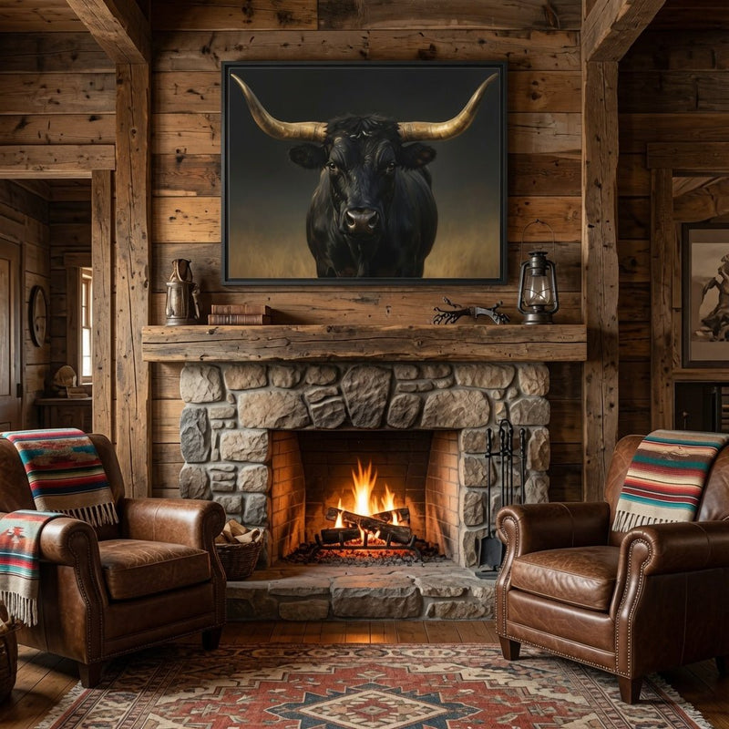 Framed longhorn bull canvas art, dark bull head and gold horns in a black frame