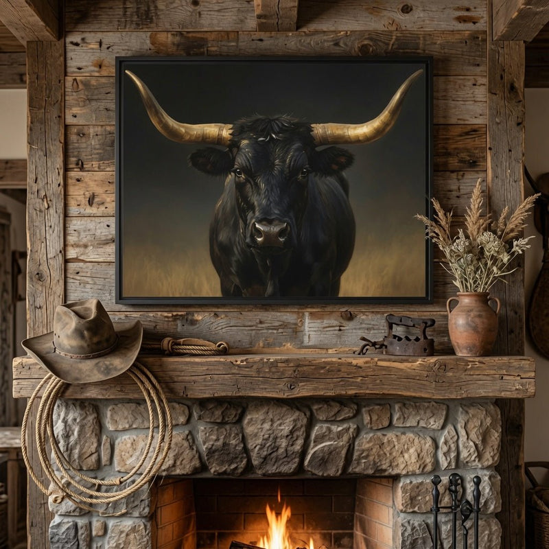 Framed longhorn bull wall art, dark bull portrait with gold horns on matte canvas