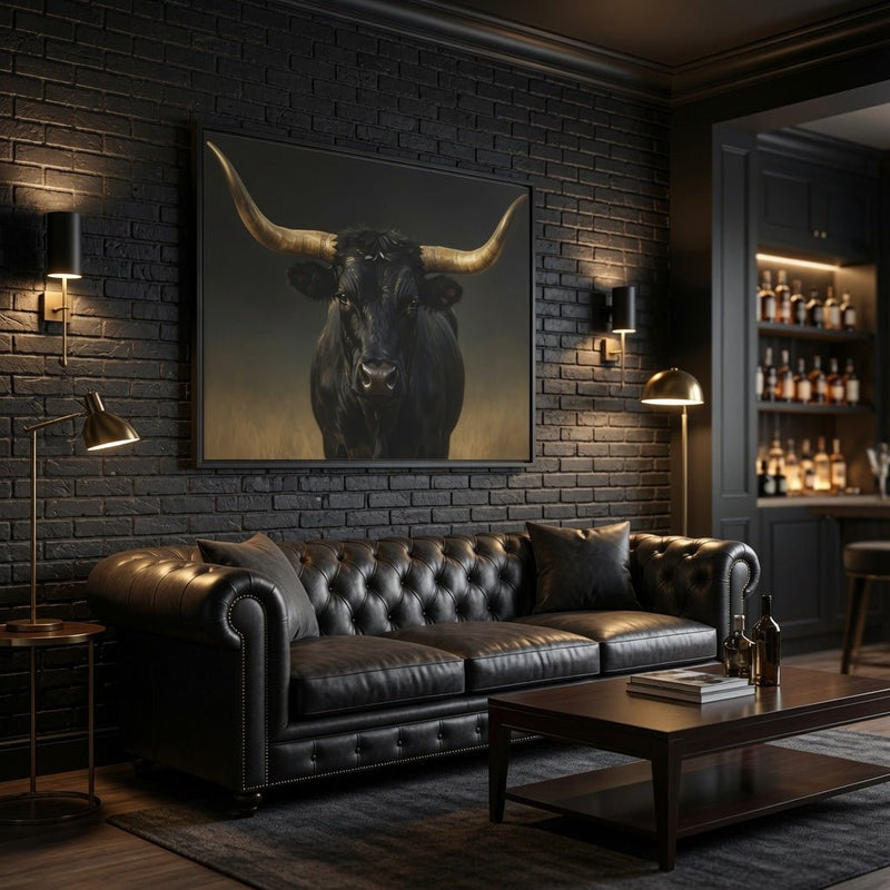 Framed longhorn bull wall art, dark head with gold horns on matte canvas