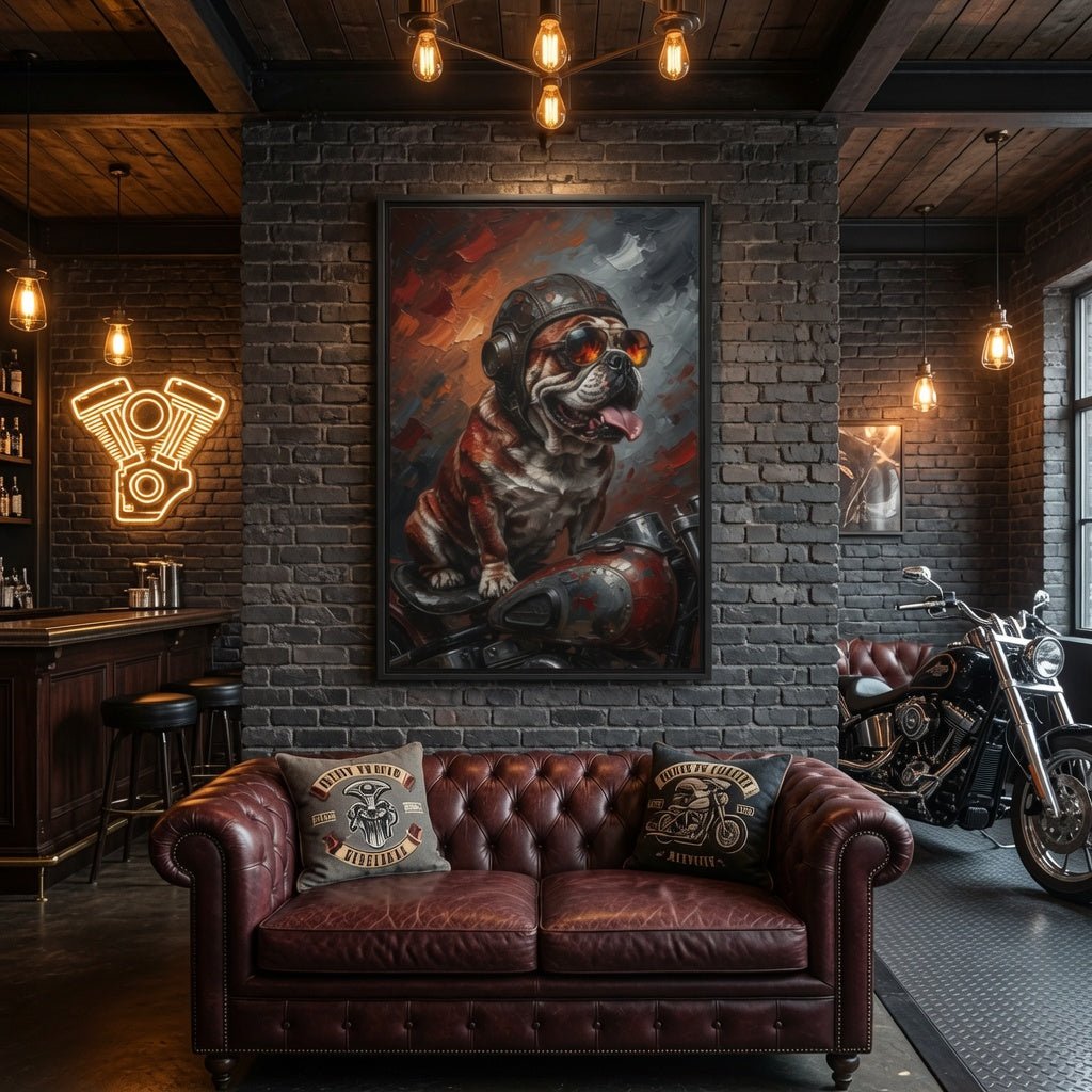 Framed canvas wall art of a bulldog in a biker helmet, red and dark gray palette