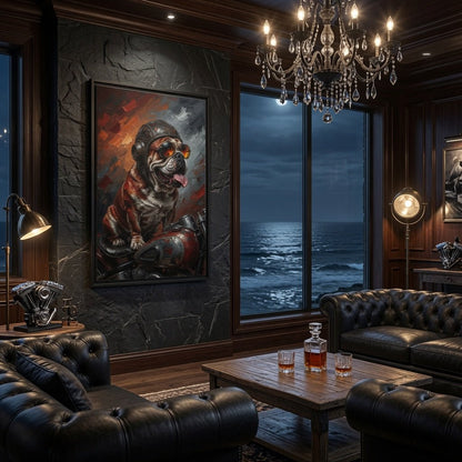 Framed canvas featuring a bulldog in a biker helmet with red paint strokes