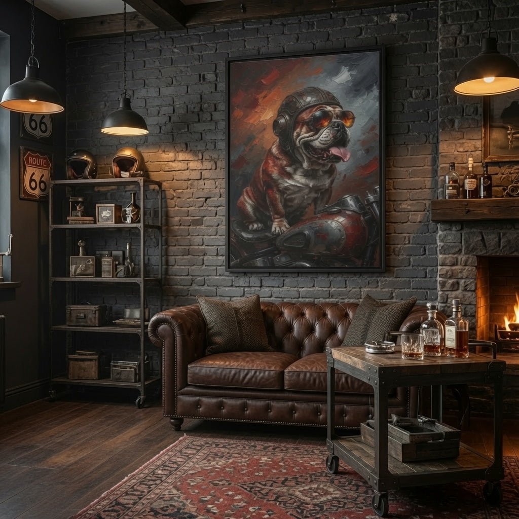 Framed canvas wall art with a bulldog in a biker helmet and red accents