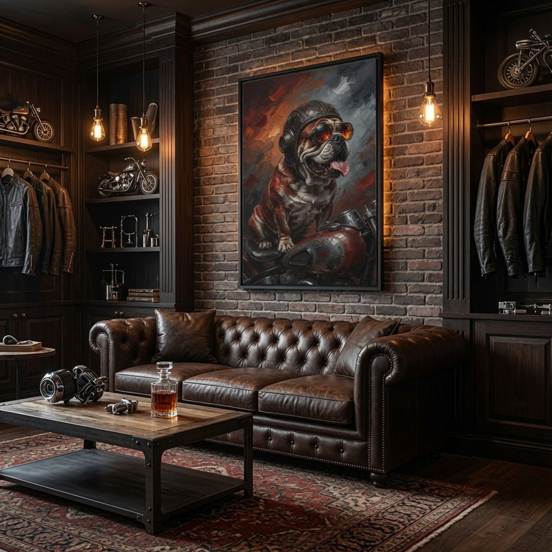 Framed canvas featuring a bulldog in a biker helmet, red and gray painted details
