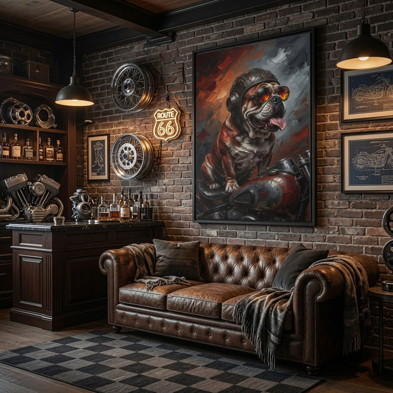 Framed canvas wall art showing a bulldog with a biker helmet and red highlights