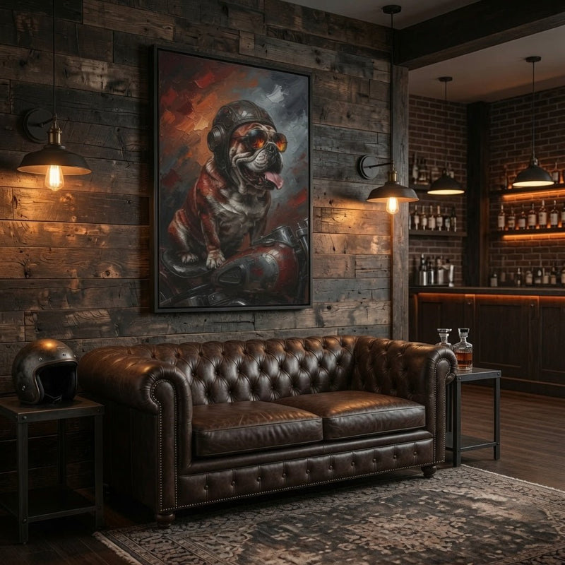 Framed canvas depicting a bulldog in a biker helmet with red accents and gray shading