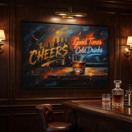 Black-framed wall canvas with 'CHEERS' and neon-style 'Good Times Cold Drinks' by a whiskey glass