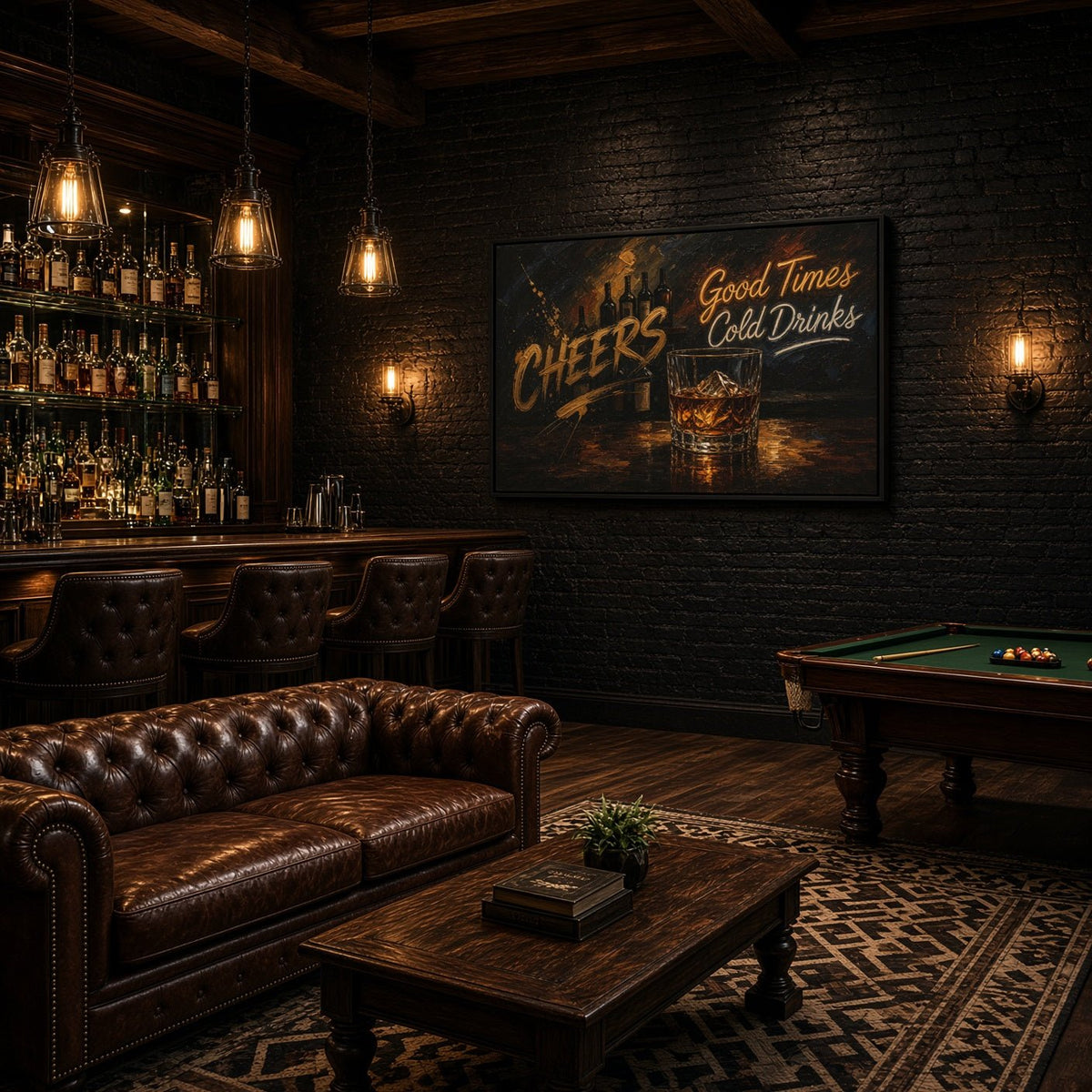 Whiskey bar canvas with a black frame, whiskey glass, and Cheers lettering in a bar lounge