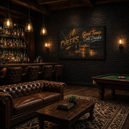 Whiskey bar canvas with a black frame, whiskey glass, and Cheers lettering in a bar lounge