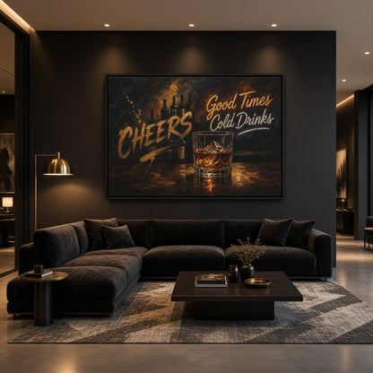 Whiskey bar canvas in a black frame, featuring a whiskey glass and Cheers lettering above a sofa