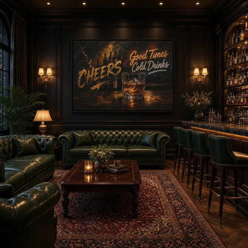 Cheers whiskey canvas print with vintage-style bar lettering