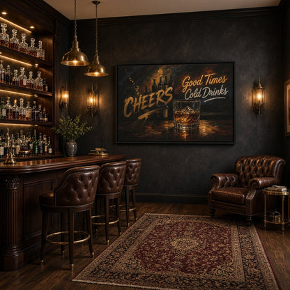 Black-framed whiskey bar canvas with a whiskey glass and Cheers lettering, displayed above a bar