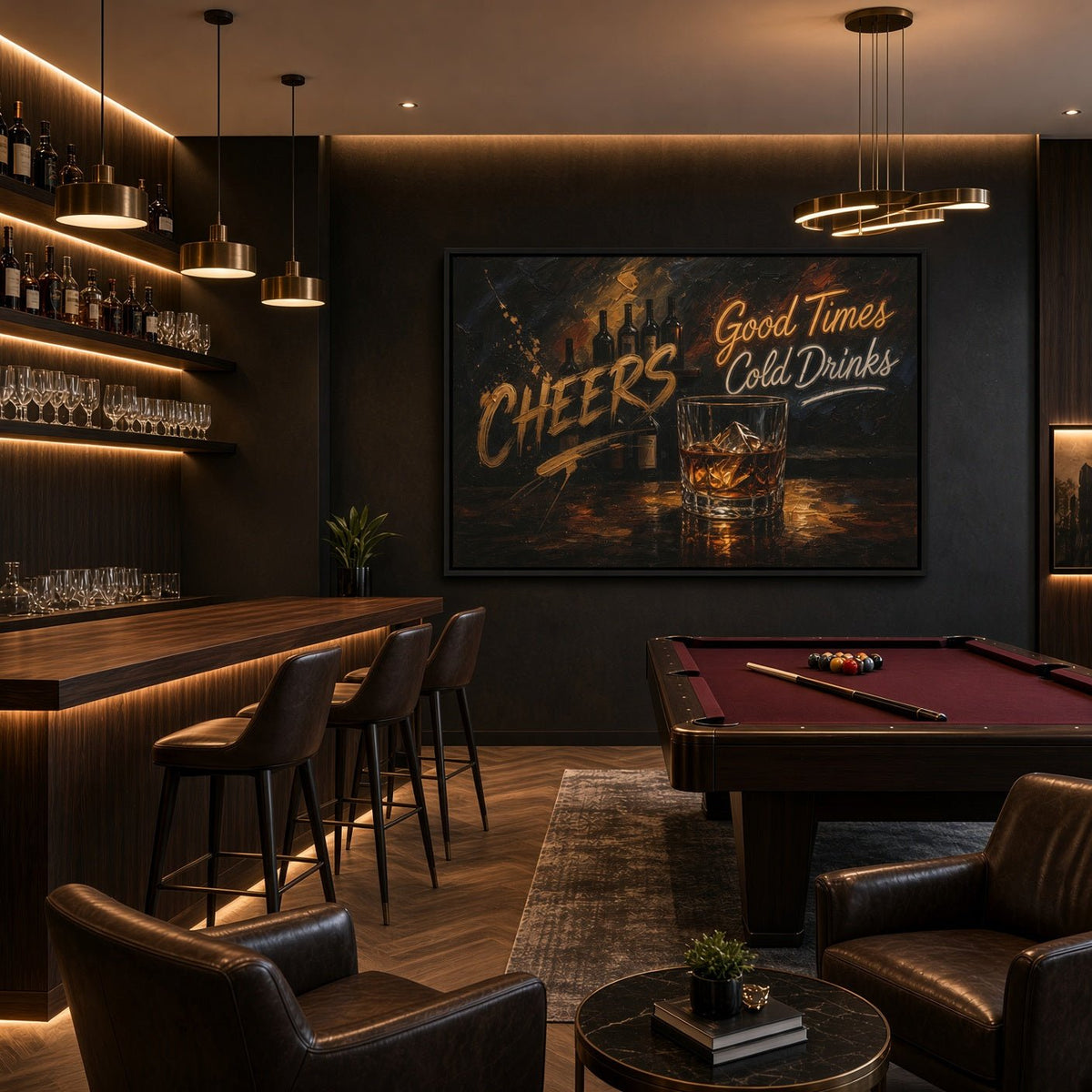 Whiskey bar canvas with a whiskey glass and Cheers lettering