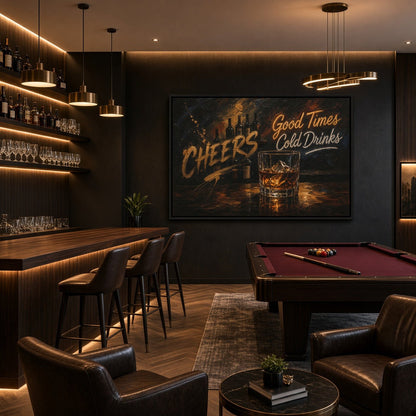 Whiskey bar canvas with a whiskey glass and Cheers lettering